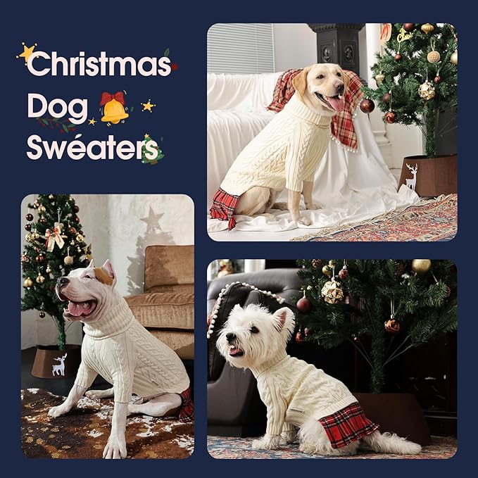 IECOii Girl XXXL Dog Sweater Dress, Girl Dog Sweaters for Extra Large Dogs Turleneck, Beige,XXXLarge, Thermal Warm Knitwear with Leash Hole, Adorable Cable Knit Sweater for Christmas & Thanksgiving