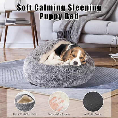 FORMYCATIE Cat Beds for Indoor Cats,Cat Cave for Puppy and Kitty,Calming Small Dog Bed for Small Dogs with Cover Cave,Cozy Warming Fluffy Washable Anti-Slip Pet Sleeping Bag(24 * 24inch,Grey)