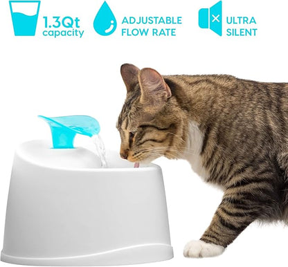 IRIS USA Open Top Cat Litter Box with Scoop and Scatter Shield, Black + 44oz / 1.3L Cat Water Fountain Bundle, Two Flow Options Silent Replaceable Charcoal Filter, White/Blue