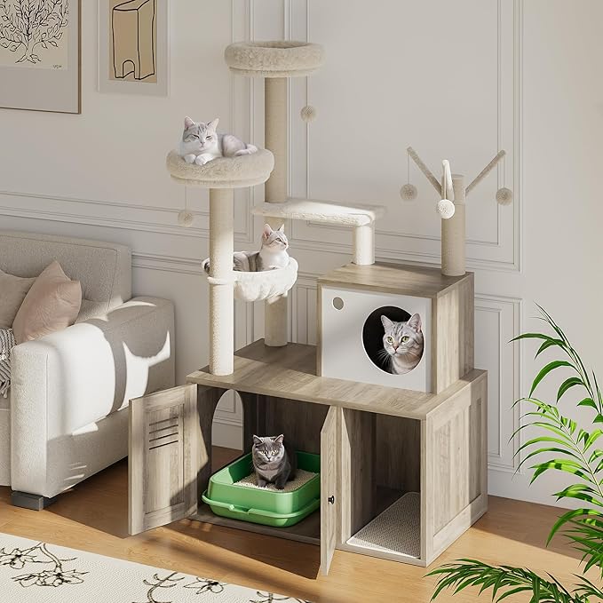 Garvee Cat Litter Box Enclosure with Tree Tower and Condo, Hidden Pet Washroom Furniture with Sisal Scratching Post,Hammocks and Soft Plush Perch, Wooden Cat Furniture with Multiple Platforms,Grey