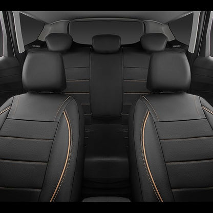 CAR PASS Universal FIT Piping Leather Two Front Seat Covers, Waterproof Faux Leather for SUV Sedan Van Truck, Airbag Compatible,Reserved Opening Holes for Headrest Covers. (Black and Beige)
