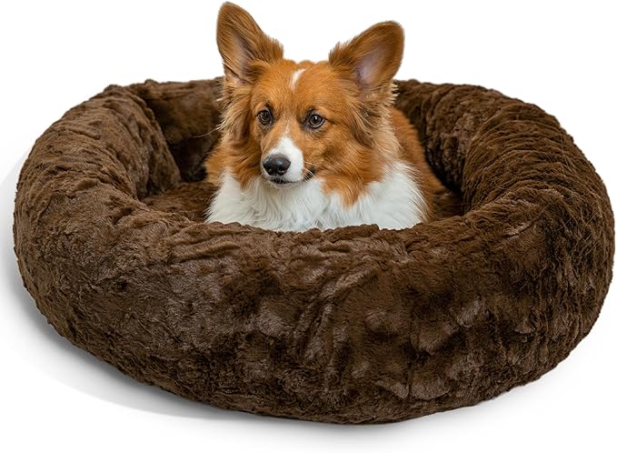 Best Friends by Sheri The Original Calming Donut Dog Bed for Medium Dogs up to 45 lbs, Lux Faux Fur, Dark Brown, Medium, 30" x 30"