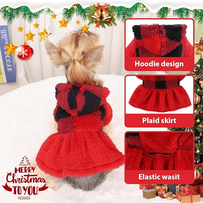 Dog Sweater Fleece Dog Hoodie Winter Puppy Clothes for Small Dogs Boy Girl Pet Cold Weather Doggie Coats Fall Doggy Sweatshirt for Chihuahua Yorkie Cat Sweater Costume, Red Plaid, S