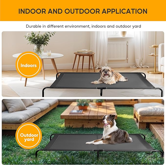 HealSmart Cooling Elevated Dog Bed Outdoor Raised Portable Dog Cot Beds No-Slip Feet Durable Portable Pet Hammock Bed, 60x37x9 Inch, Black