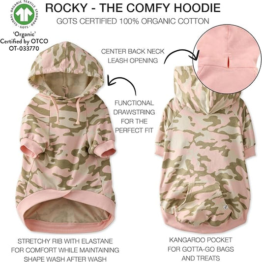 Pet Passion Rocky – The Original Lightweight Hooded Tee 100% Organic Cotton Dog Hoodie Pet Coat Sweater for All Sized Dogs, Original Pink Camo, Large (40-60 lbs)