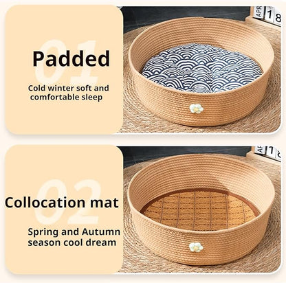 Rattan Cat Litter Pet Bed for Home Pet Supply Pet Sleeping Cat Beds,for All Seasons Cat Hammock Foldable Sleeping Nest Basket Handmade Natural Cradle Scratcher Cuddler for Kitten Cute Style.