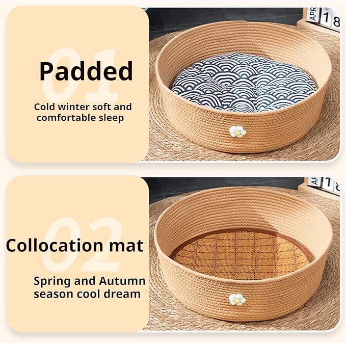 Woven Cat Bed,Warm Cute Sleeping Nest Basket, Lovely Calming Round Soft Litter Mat Cushion for Pets to Sharpen Claws,Handmade Natural Pets Cradle for Kitten with Removable Cushion,M(7-18catties)