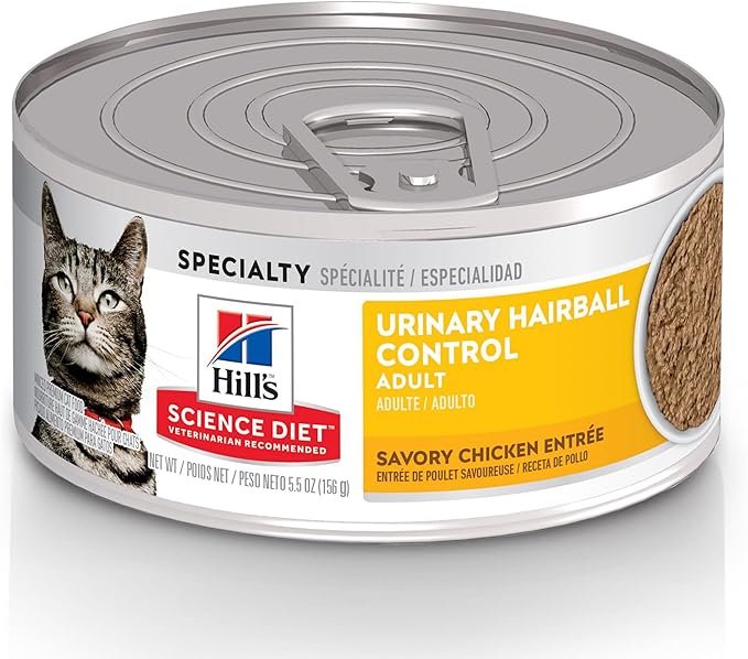 Hill's Science Diet Adult Urinary & Hairball Control Wet Cat Food, Chicken Minced, 5.5 oz. Cans, 24-Pack
