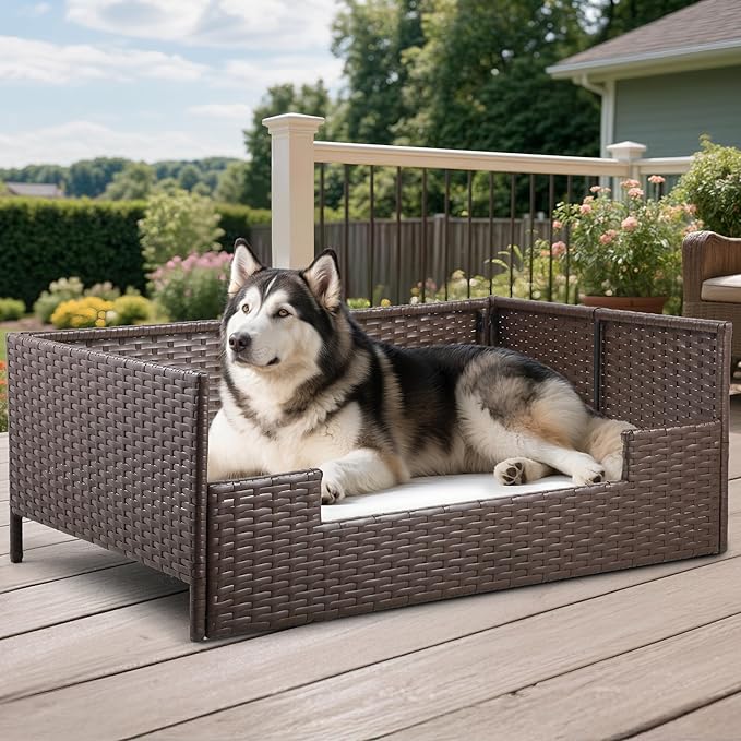 DWVO Rattan Dog House Outdoor Indoor with Cushion, Wicker Dog Sofa Bed for Small, Medium, and Large Dogs, 38.6''L*26.4''W*15''H, Beige