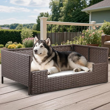 DWVO Rattan Dog House Outdoor Indoor with Cushion, Wicker Dog Sofa Bed for Small, Medium, and Large Dogs, 38.6''L*26.4''W*15''H, Beige