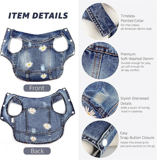 Pawstrip Dog Denim Jacket with Embroidered Daisy, Ripped Vintage Jean Vest for Small Dogs, Pugs, Chihuahuas, Spring Summer Fall Festival Outfit, XXL (Fits Chest 19-20.5", NOT for Large Dogs)
