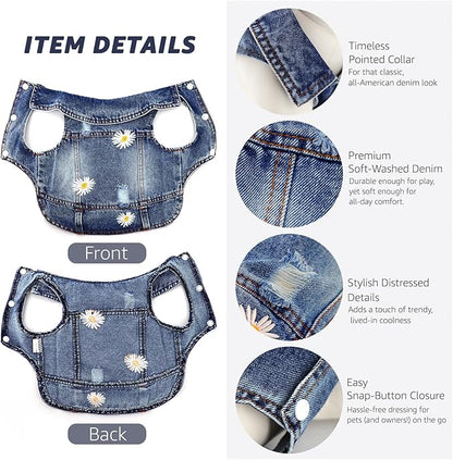 Pawstrip Dog Denim Jacket with Embroidered Daisy, Ripped Vintage Jean Vest for Small Dogs, Puppy, Pugs, Chihuahuas, Spring Summer Fall Festival Outfit, XS (Fits Chest 9-10")