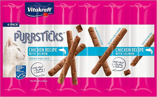 Vitakraft PurrSticks Chicken Recipe with Salmon Cat Treats – Over 70% Real Meat - Chicken, Liver & Salmon - Segmented for Portion Control, Premium - Indoor Treats - Snacking, Travel, Vet & Visits.