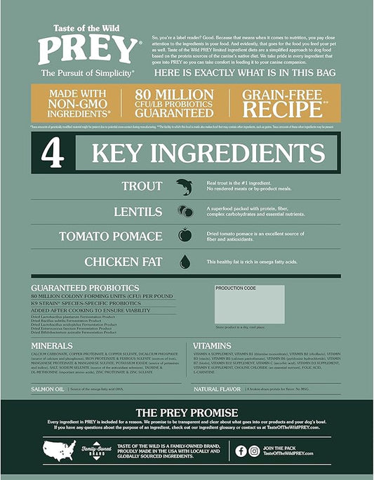 Taste of the Wild Prey Real Meat High Protein Trout Limited Ingredient Dry Dog Food Grain-Free Recipe Made with Real Spring-Fed Trout, and Includes Probiotics for All Life Stages 25 lb