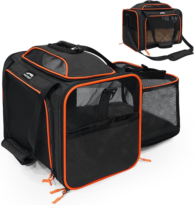 Cat Carrier, Airline Approved Dog Carrier with Top and Side Expansion, 360° Ventilation Soft-Sided Cat Carrier with Safety Leash, Foldable Travel Carrier for Small Cats and Dogs,Black
