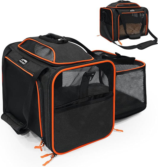 Cat Carrier, Airline Approved Dog Carrier with Top and Side Expansion, 360° Ventilation Soft-Sided Cat Carrier with Safety Leash, Foldable Travel Carrier for Small Cats and Dogs,Black