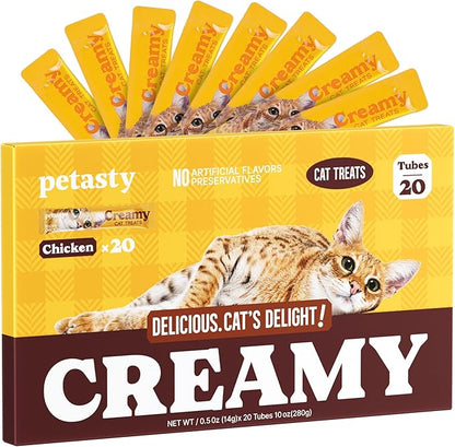 Lickable Cat Treats, High Moisture Hydrating Creamy Puree Squeeze Tubes, Chicken Flavor, 20 Tubes 0.5oz, Grain-Free, Omega Oils & Vitamin E, Skin & Coat Health, Digestive and Immune Support
