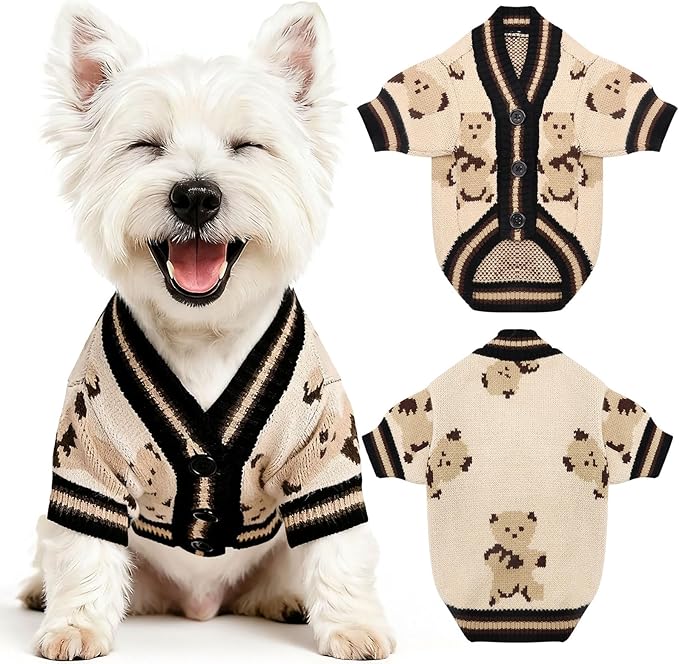 PETCARE Small Dog Sweater Cute Bear Dog Cardigan Coat Clothes for Small Medium Dogs Boy Girl Soft Warm Fall Winter Puppy Knitted Outfits Chihuahua Shih Tzu, (Beige, Small, Chest 12" Length 9.5")