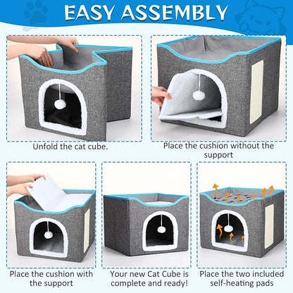 Cinnvoice Heated Cat Bed Indoor for Cats Heated Cat House with 2 Pcs Self Warming Cats Bed 1pc Blankets Self Heating Cube Shelter Cave Condo with Scratch Pad Fluffy Ball for Winter Pet Small Dog