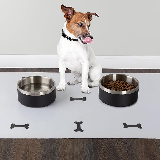 Set of 2 Stainless Steel Dog Bowls - 64oz or 8 Cups Double Wall Insulated Food and Water Bowls for Dogs and Cats, Non Slip Metal Pet Dishes for Medium-Large Pets, Puppy Essentials by PETMAKER (Black)
