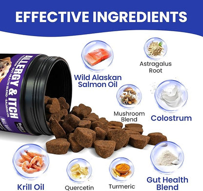 Dog Allergy Immune Chews – Itch Relief for Hot Spots, Dry Skin, Seasonal Allergies – with Fish Oil, Colostrum & Probiotic – 180ct Supplement