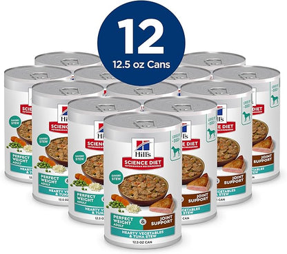 Hill's Science Diet Adult Perfect Weight & Joint Support Wet Dog Food, Hearty Vegetables and Tuna Stew, 12.5 oz. Cans, 12-Pack