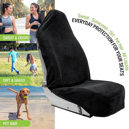 Season Guard Terry Cloth Sweat Towel Seat Cover; Carseat Towel Protector; Waterproof; Universal Fit for Car SUV Van Truck; EZ fit; Non Slip Grip; Machine Washable; Great for Gym Workout; 1pc Black