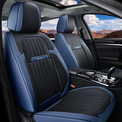 Coverado Car Seat Covers Full Set, Car Seat Protector Car Seat Cushion, Nappa Leather Seat Covers for Cars, Front and Back Seat Protectors Cushions Universal Fit for Most Cars Vehicles(Blue&Black)
