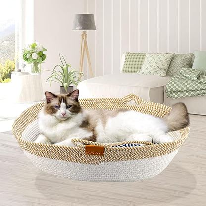 Pet Beds for Cats, Cat Beds for Indoor Cats 19.69"×13.78"×6.30",Cotton Rope Oval Cat Bed for All Seasons (with Cooler Straw Mat and Cotton Mat Both), Suitable for cats＆dogs (Yellow-white, Small)