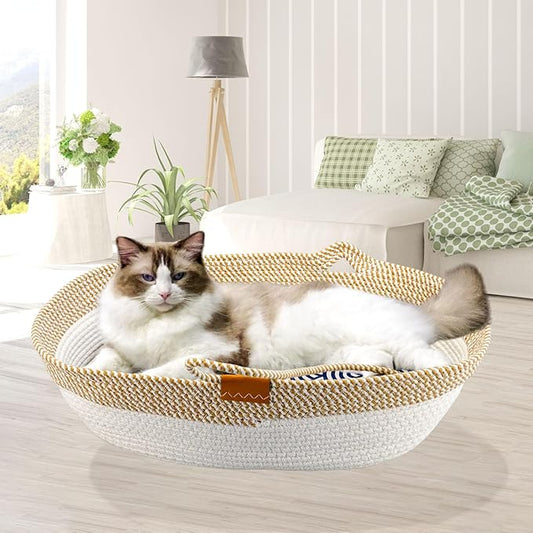 Pet Beds for Cats, Cat Beds for Indoor Cats 19.69"×13.78"×6.30",Cotton Rope Oval Cat Bed for All Seasons (with Cooler Straw Mat and Cotton Mat Both), Suitable for cats＆dogs (Yellow-white, Small)