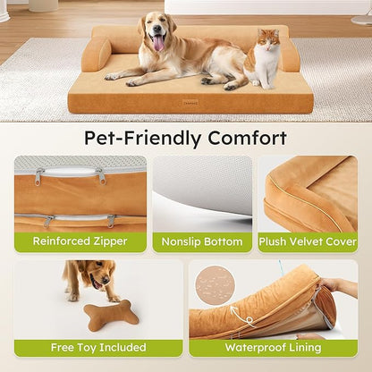CWAWZ XXL Orthopedic Dog Bed, Big Dog Bed for Large Dogs, Dual-Sided Pet Cooling Beds with Memory Foam Washable Cover Nonslip Bottom, Waterproof Pet Couch with Bolsters, Brown