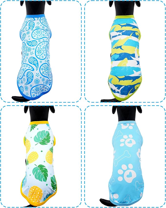 PET SHOW 4 Pack Summer Dog Shirts for Small Dogs Boy UPF 50+ UV Sun Protection Cooling Clothes Tank Top Shark Puppy T-Shirts Pet Holiday Party Sleeveless Vest Blue(Medium)