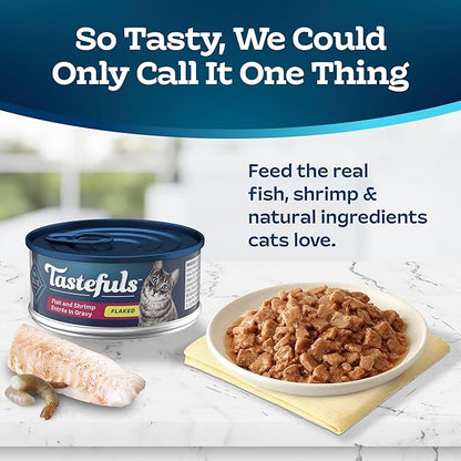 Blue Buffalo Tastefuls Flaked Wet Cat Food, Made with Natural Ingredients, Fish and Shrimp Entrée in Gravy, 5.5-oz Cans (24 Count)