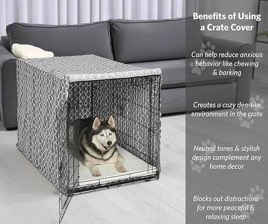 MidWest Homes for Pets XL Dog Crate Cover with Teflon Fabric Protector, Poly-Cotton Privacy Kennel Cover Fits Most 48-inch Crates, Gray Designer Print, Washable, Reduces Barking