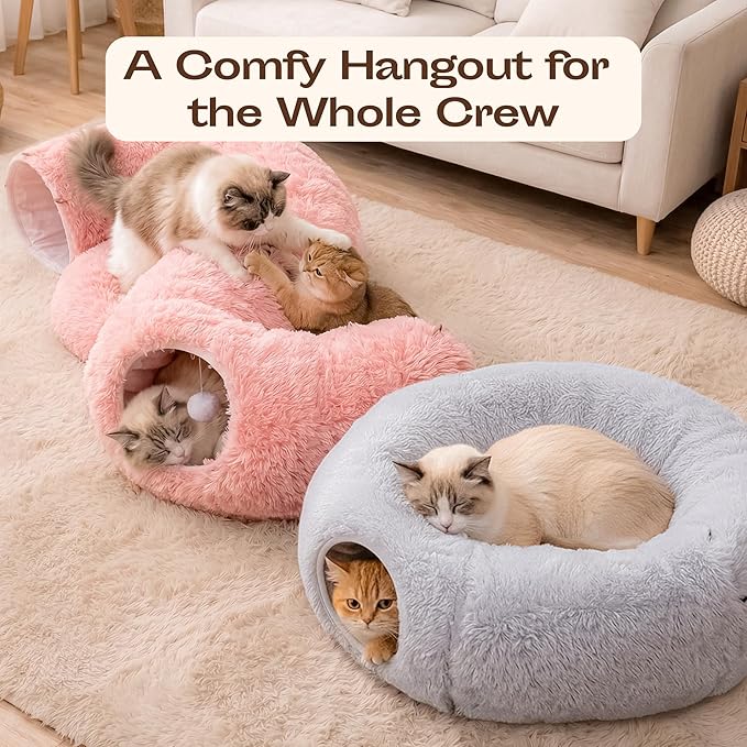 Meowfia Indoor Cat Tunnel with Donut Bed - Large Flexible Play Space for Multiple Pets - Circle or Snake Shape, Cozy Lounge (Pink)