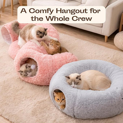 Meowfia Indoor Cat Tunnel with Donut Bed - Large Flexible Play Space for Multiple Pets - Circle or Snake Shape, Cozy Lounge (Pink)