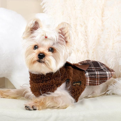 Yikeyo Dog Sweater Dress,Winter Dog Clothes Sweater Dress for Small Dogs Girl, Plaid Hem, Turtleneck, Fluffy Female Warm Pet Fuzzy Puppy Coat Apparel Outfit Yorkie Chihuahua Clothes, XXS, Brown