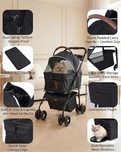Pet Stroller with Removable Carrier, 35lbs Capacity - One-Click Foldable Dog Stroller, Cat Carrier & All-Terrain Wheels, Compact Travel Pet Stroller for Small to Medium Pets-Black