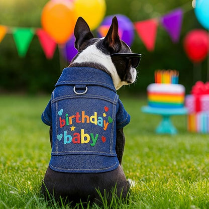 Dog Jean Jacket with D-Ring Blue Denim Coat Dogs Outfits for Small Dogs Cats Boy Male Girl Birthday Clothes Costume Letter Embroidery Dogggie Puppy Winter Warm Clothes(Birthday Baby,S)