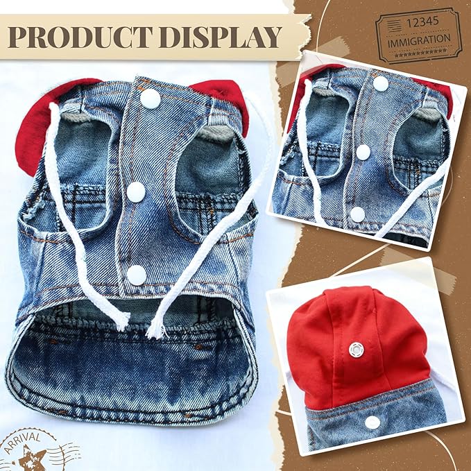 Cool Dog Jean Jacket Vest with D-Ring Blue Denim Dogs Hoodies Outfits for Small Medium Dogs Cats Boy Male Dog Clothes Costume Dogggie Puppy Harness Coat for Frenchie Walking(Red Hat,XL)