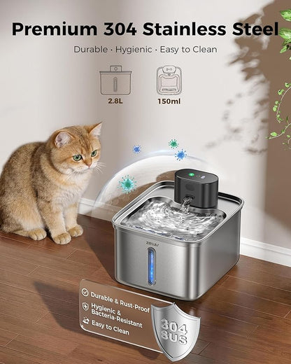 Wireless Cat Water Fountain, 99oz/2.8L Pump-Free Ultra-Quiet Pet Water Dispenser, 304 Stainless Steel with Multi-Layer Filtration, 3 Smart Modes & Motion Sensor, Fountain for Cats/Dogs