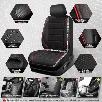 CAR PASS Mesh Leather Car Seat Covers Full Set,Breathable Mesh Faux Leather Seat Covers for Car, Universal Fit for SUV Truck Sedan Automotive, Airbag Compatible, Black and Red