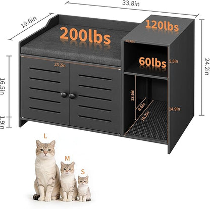 Cat Litter Box Enclosures, Large Hidden Cat Litter Box Furniture with Double Door, Wooden End Table Litter Box Cabinet with Storage Shelf, Cushion & Litter Mat, Dog Proof Design, Modern Cat House