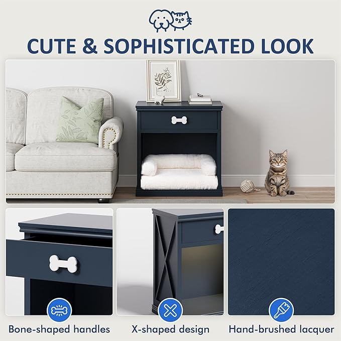 Cat Litter Box Enclosure, Pet Storage Cabinet with LED Light, End Table with Integrated Pet House, Bed Side Tables Bedroom Cat, Cat Bed Side Cabinet with Drawer