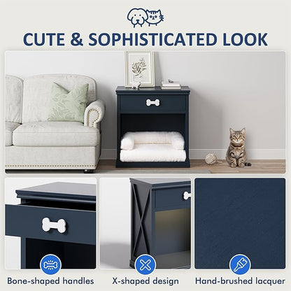 Cat Litter Box Enclosure, Pet Storage Cabinet with LED Light, End Table with Integrated Pet House, Bed Side Tables Bedroom Cat, Cat Bed Side Cabinet with Drawer
