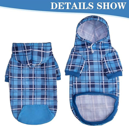 EXPAWLORER Plaid Dog Hoodie - British Style Warm Dog Sweater Shirt with Leash Hole,Pitbull Clothes Outfits,Winter Coat Apparel for All Breeds Puppy Girl Boy-Cat Apparel,Blue X-Large