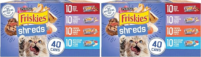 Friskies Purina Wet Cat Food Variety Pack, Shreds with Beef, Turkey & Cheese Dinner, Chicken & Salmon Dinner, and with Ocean Whitefish and Tuna - 5.5 oz. Cans (Pack of 80)