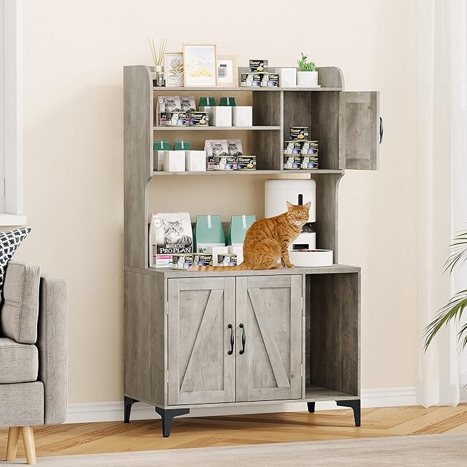 IDEALHOUSE Cat Litter Box Enclosure with Shelves and Doors,Wood Sturdy Hidden Litter Box Furniture,Indoor Cat House Furniture for Most of Litter Box,Litter Box Cabinet,Grey