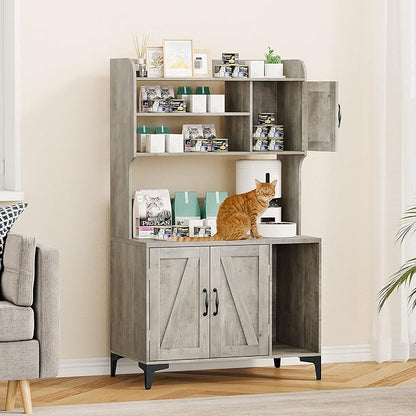 IDEALHOUSE Cat Litter Box Enclosure with Shelves and Doors,Wood Sturdy Hidden Litter Box Furniture,Indoor Cat House Furniture for Most of Litter Box,Litter Box Cabinet,Grey