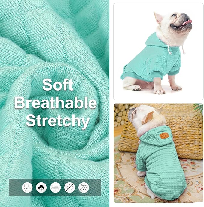 BEAUTYZOO Small Dog Hoodie Sweater with Pockets, Dog Clothes for Small Medium Dogs Boy Girl, Waffle-Like Laminated Cotton Pet Coats with Hat and Leash Hole, Mint Green XS